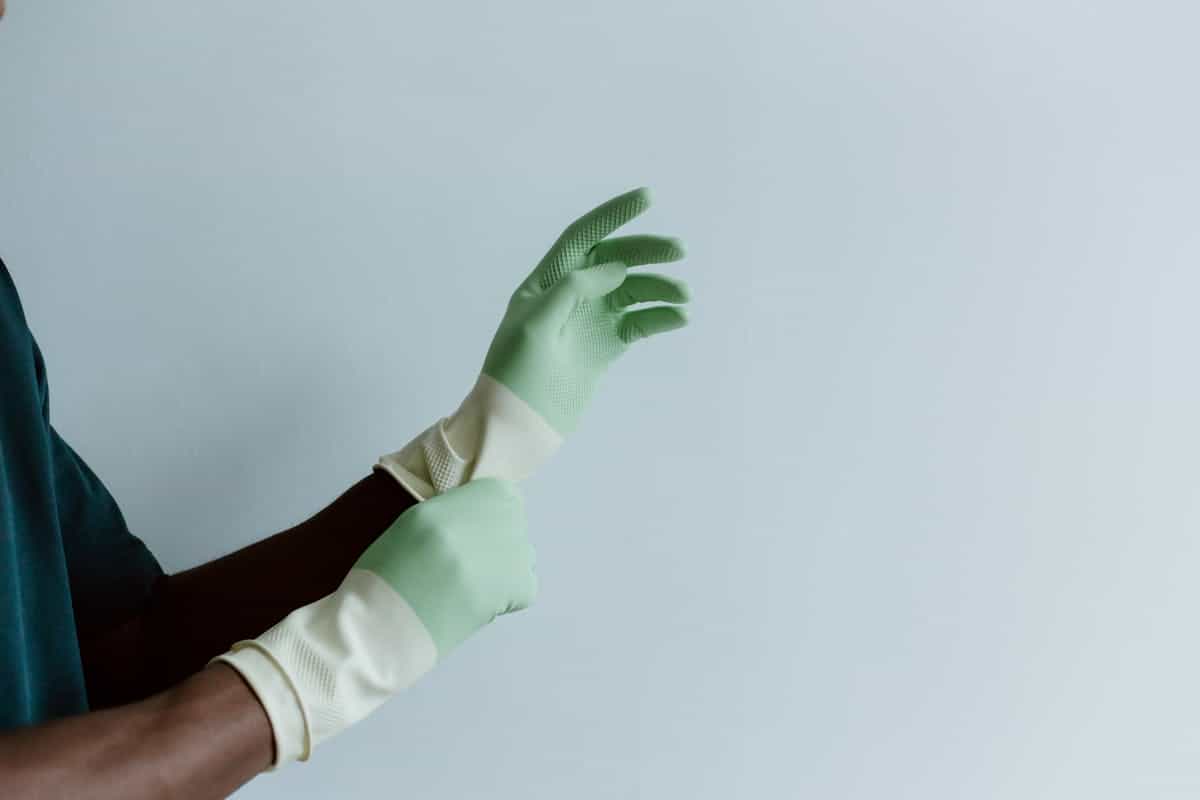 Close-up of hands pulling on green latex cleaning gloves over a solid blue background