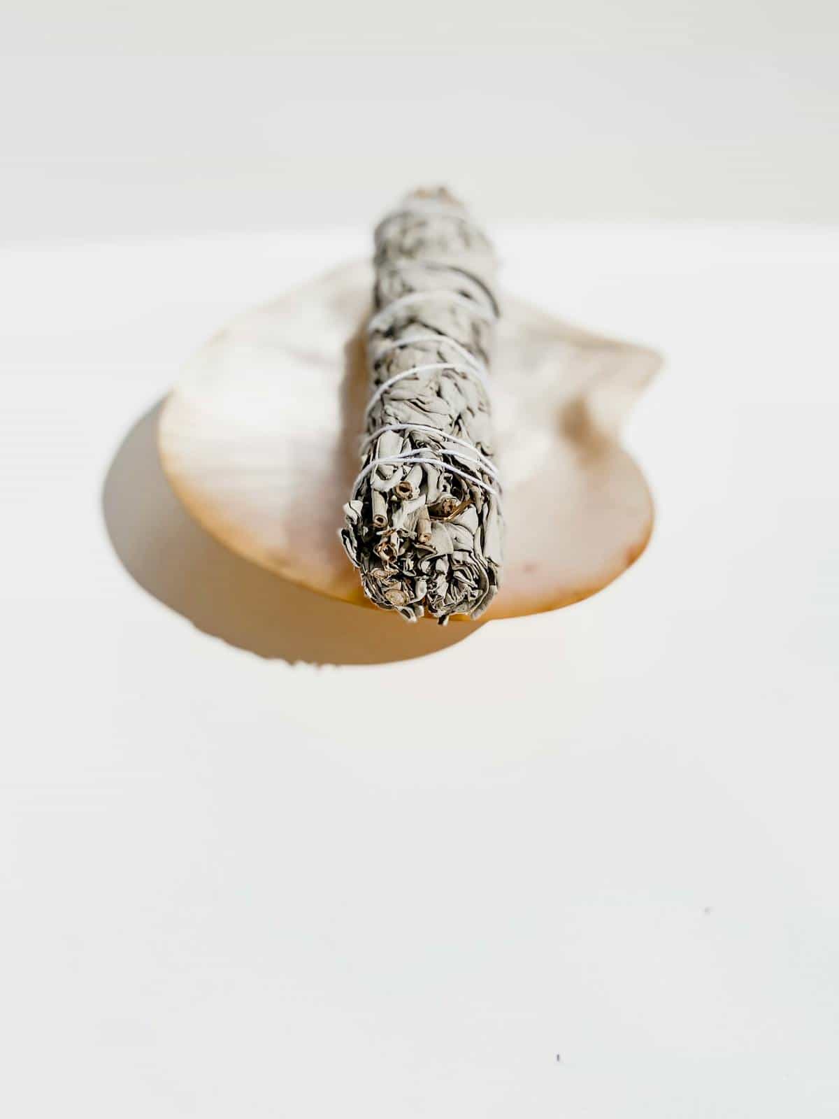 Dried sage smudge bundle and cleansing tools on neutral surface in soft daylight