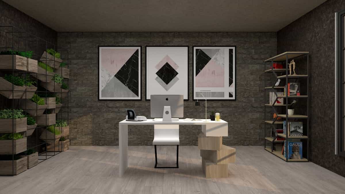 Elegant office with minimalist decor, artwork and greenery, illustrating feng shui office decor and the bagua