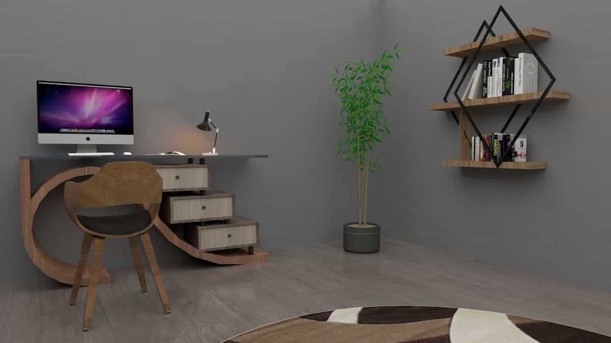 Modern minimalist home office with a sleek desk and plant, illustrating the best feng shui desk facing direction