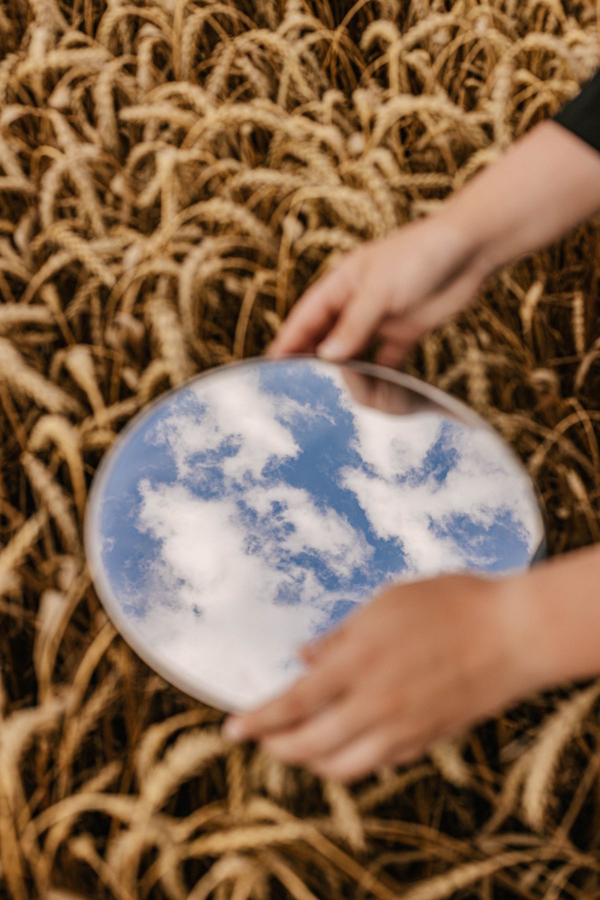 Hands holding small mirror reflecting sky and clouds over golden wheat field