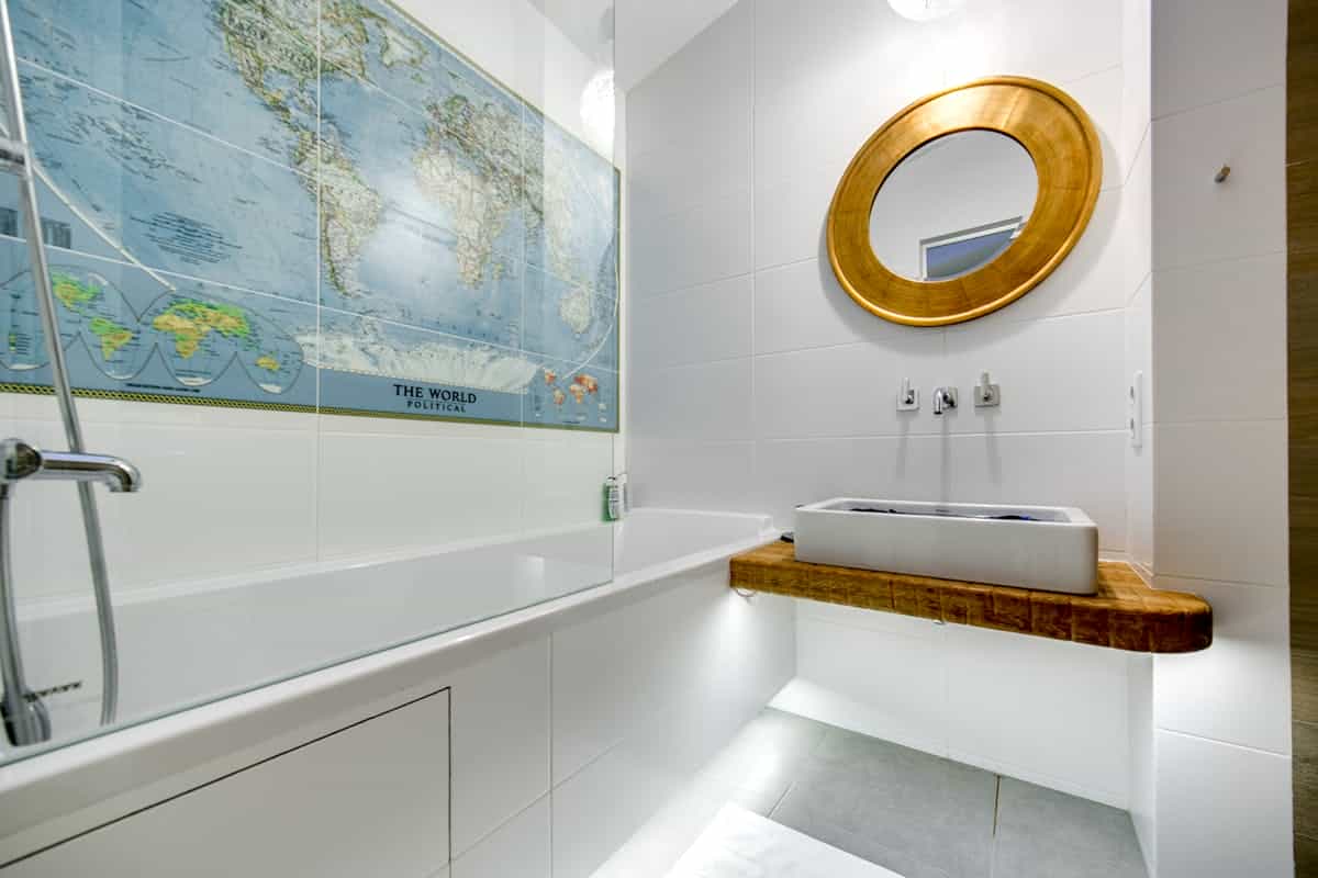Elegant bathroom with double sink vanity and symmetrical mirrors