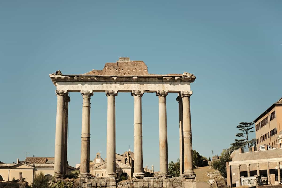 Ancient stone columns and ruins evoking Roman antiquity where mirror soul beliefs and seven-year renewal ideas took cultural root