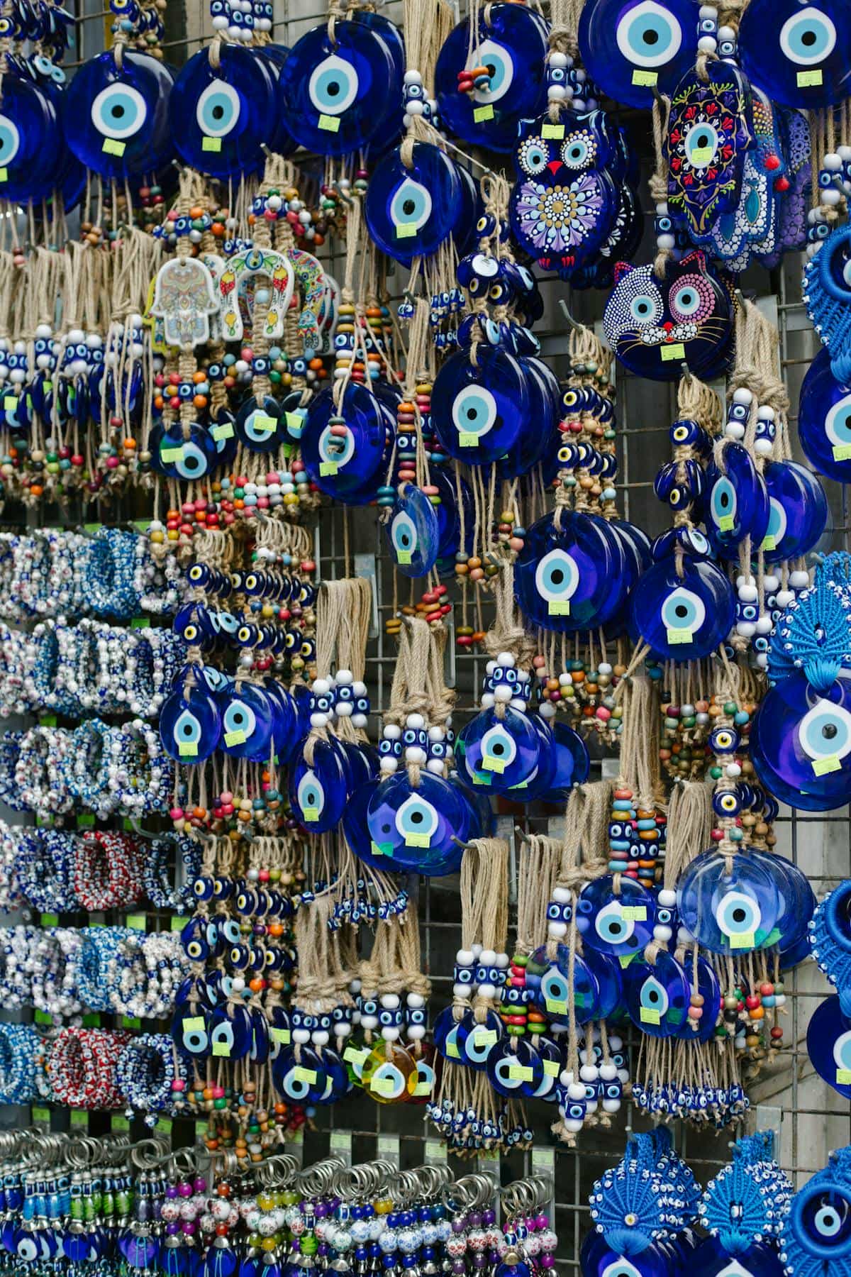 Turkish evil eye charms and beads arranged at a market stall in Istanbul