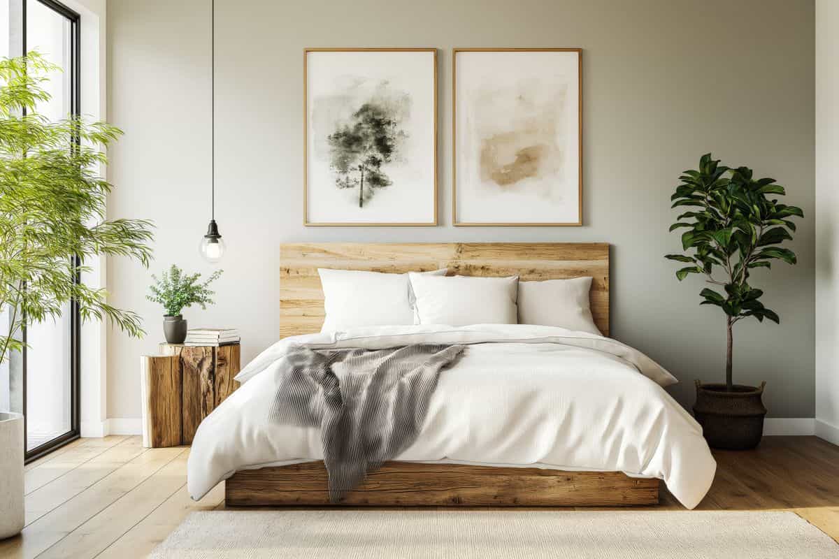 Serene modern bedroom with natural wood tones and green plants, illustrating feng shui colors and the five elements