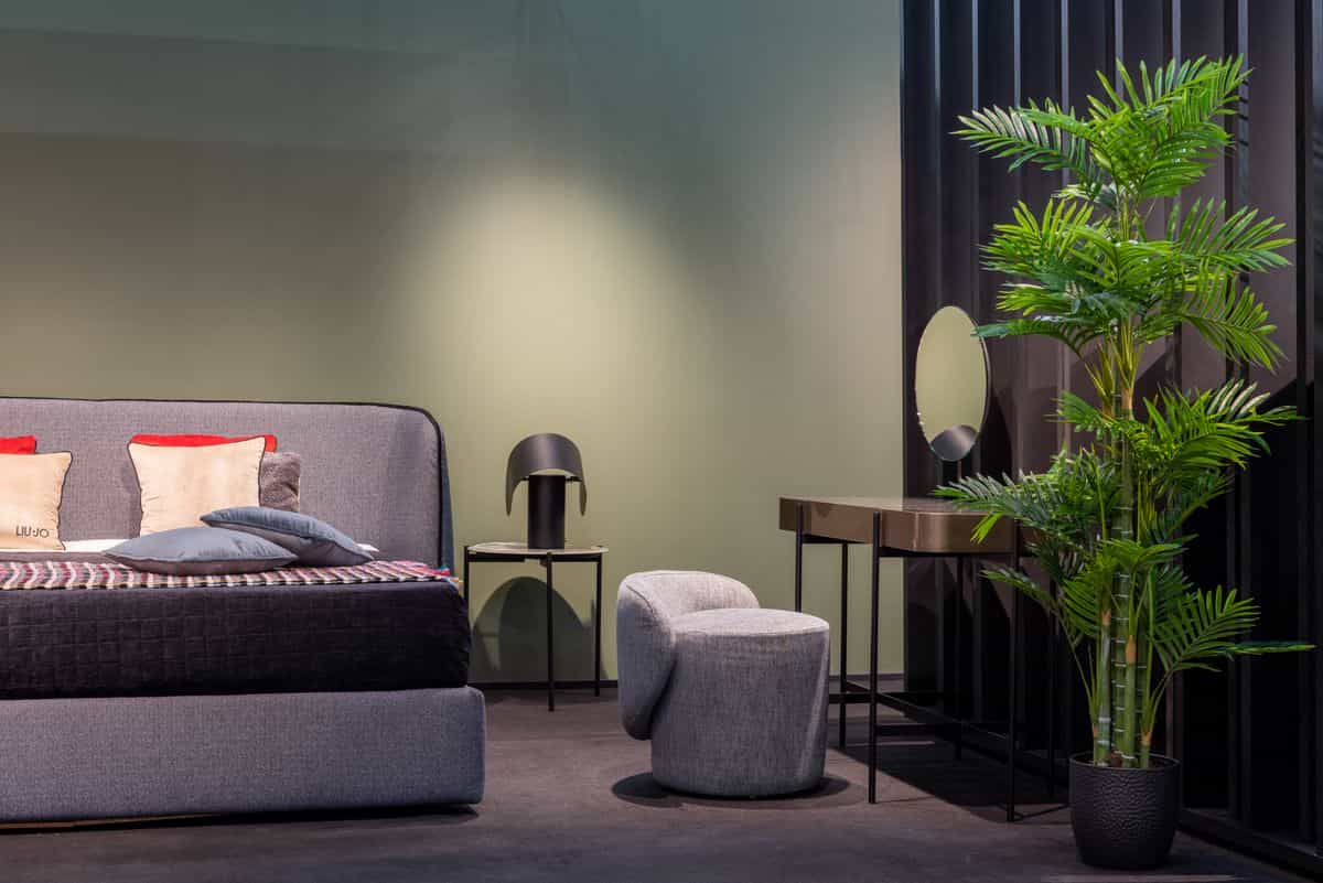 Bedroom with a soft-leafed potted plant illustrating gentle natural elements in feng shui Cozy bedroom with a potted plant beside the bed and a dressing table, illustrating gentle feng shui natural elements