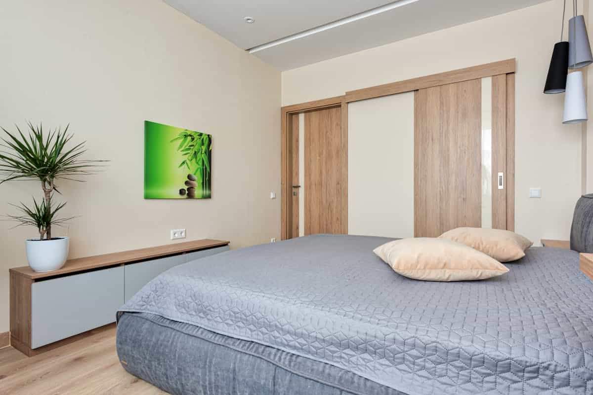 Contemporary bedroom with wooden sliding wardrobe doors beside a potted plant showing a sliding wardrobe mirror door option