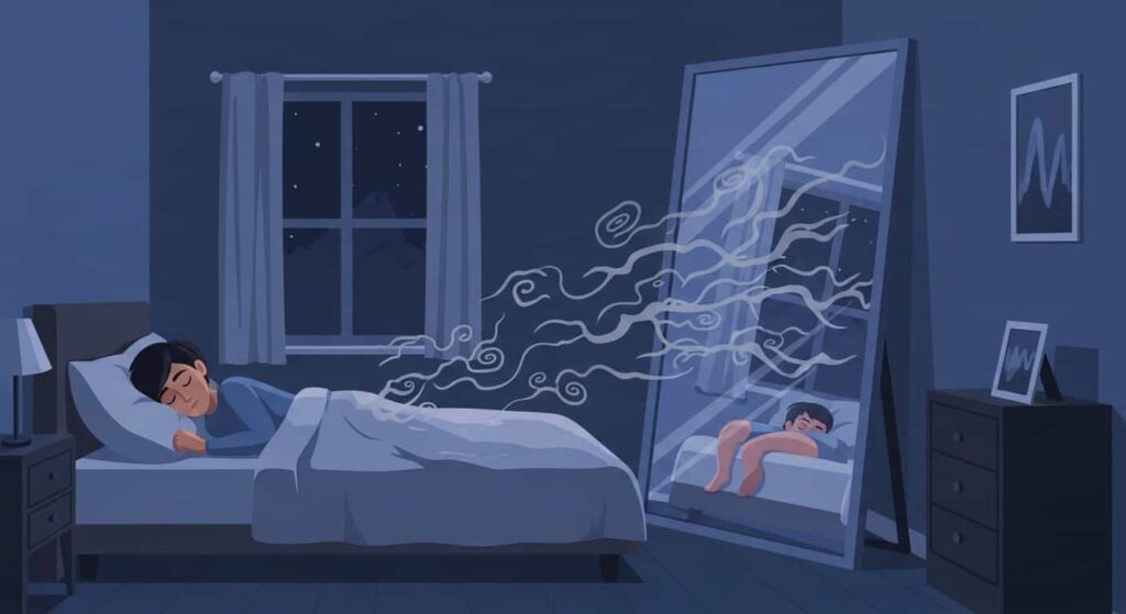 A 2D cartoon of a bedroom with a mirror facing the bed, from which unsettling energy flows, illustrating the spiritual concern of disrupted sleep and energy drain.