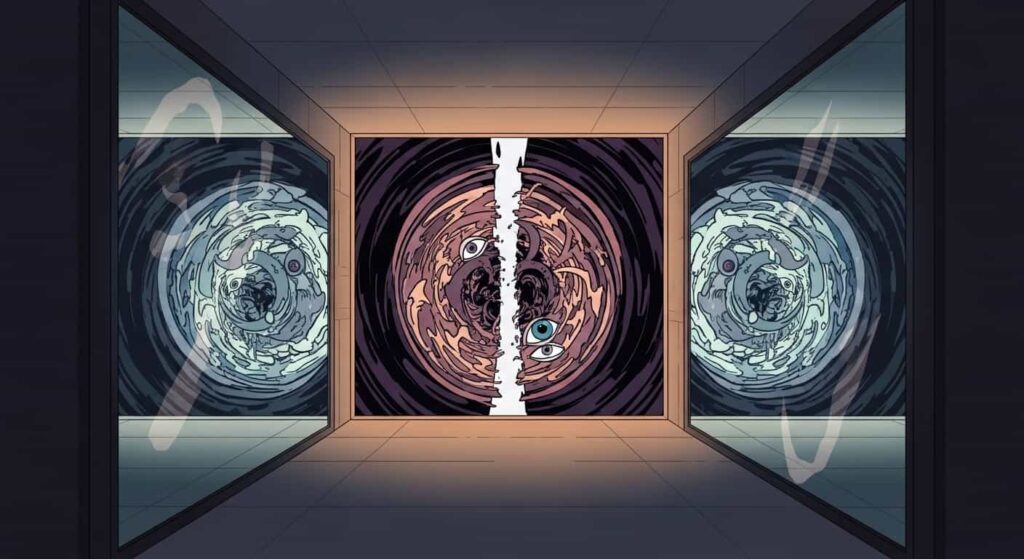 A 2D cartoon of two mirrors facing each other, creating an infinite tunnel and a chaotic portal, depicting the spiritual danger of creating uncontrolled energetic gateways.