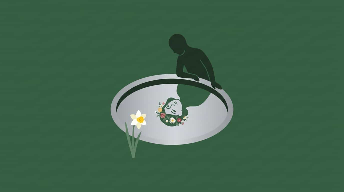 Flat illustration of a figure gazing into a pool with a flower beside it, representing Narcissus and the myth's mirror symbolism.