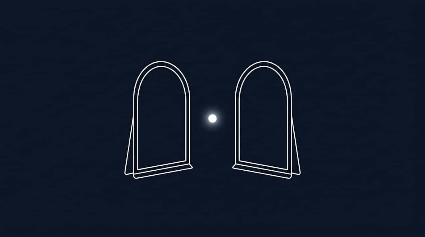 Flat symbolic illustration of two mirrors facing each other with an energy point between them, representing the spiritual portal created by infinite reflection.