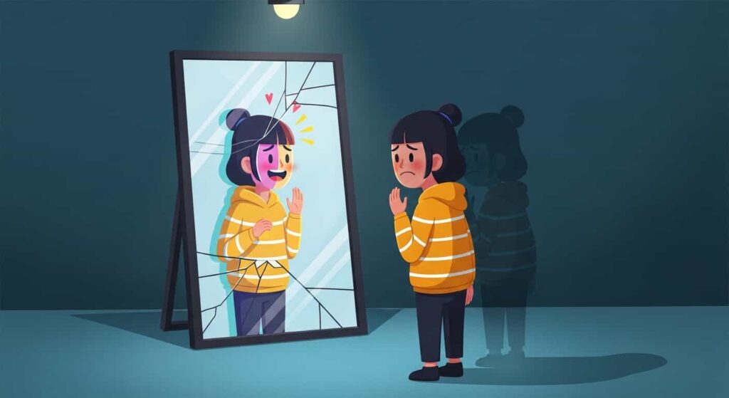 A 2D cartoon showing a person confronting their reflection, which reveals both their joyful and shadowed inner selves, representing the spiritual concept of self-honesty.