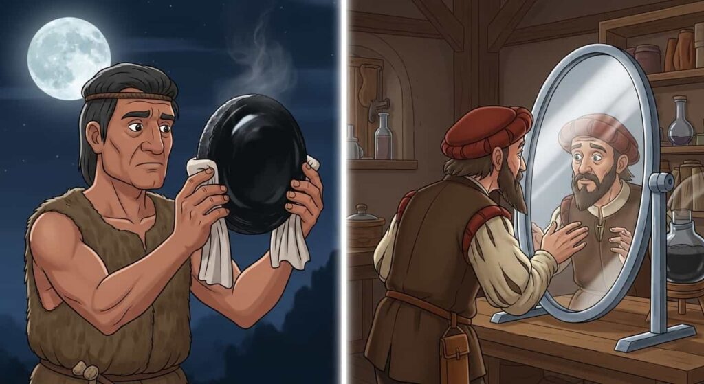 A split scene showing an ancient craftsman polishing a dark obsidian mirror and a Renaissance alchemist looking into a bright, clear glass mirror.
