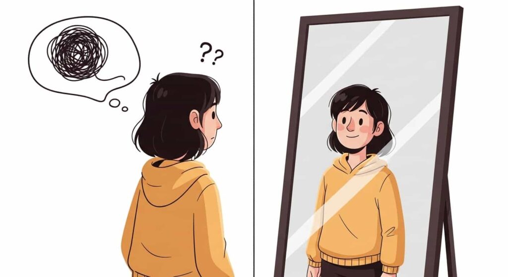 A cartoon illustration showing a person looking confused at their reflection on one side and finding calmness and a smiling reflection on the other side.