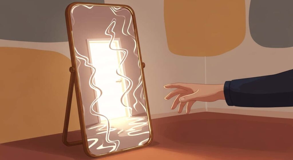 Hand touching a mirror with rippling surface and glowing doorway reflection, spiritual threshold symbol, 2D cartoon