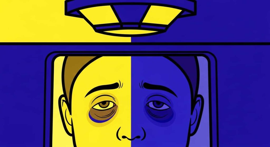 Cartoon close-up of uneven bathroom lighting causing yellow and blue color casts and under-eye shadows in a mirror reflection