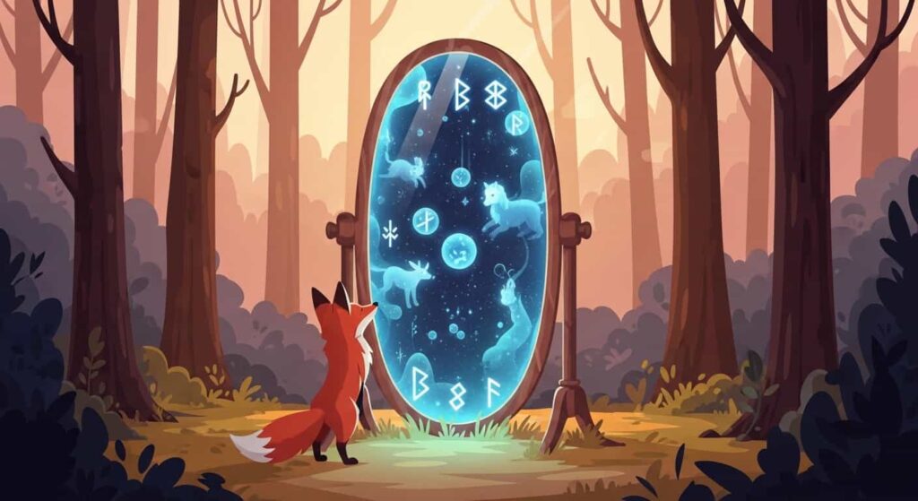 A 2D cartoon of an ornate mirror in a forest acting as a mystical portal to a spirit world, illustrating the concept of mirrors as thresholds between realities.