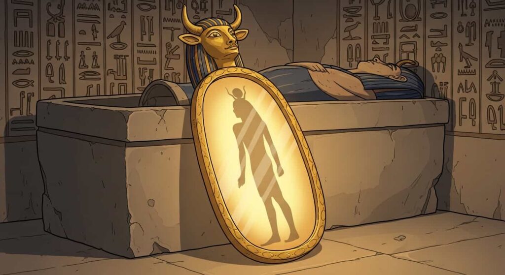 An ancient Egyptian tomb with a golden Hathor mirror leaning against a sarcophagus. A ghostly spirit figure walks into the glowing reflection of the mirror.
