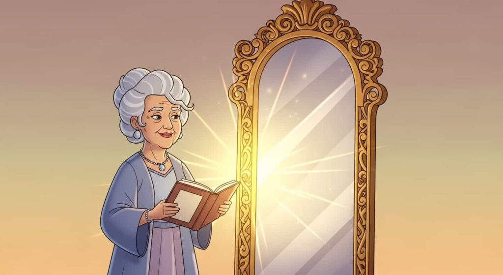 A cartoon depiction of Louise Hay holding her book next to a glowing mirror, representing the origin of mirror work and self-healing practices.
