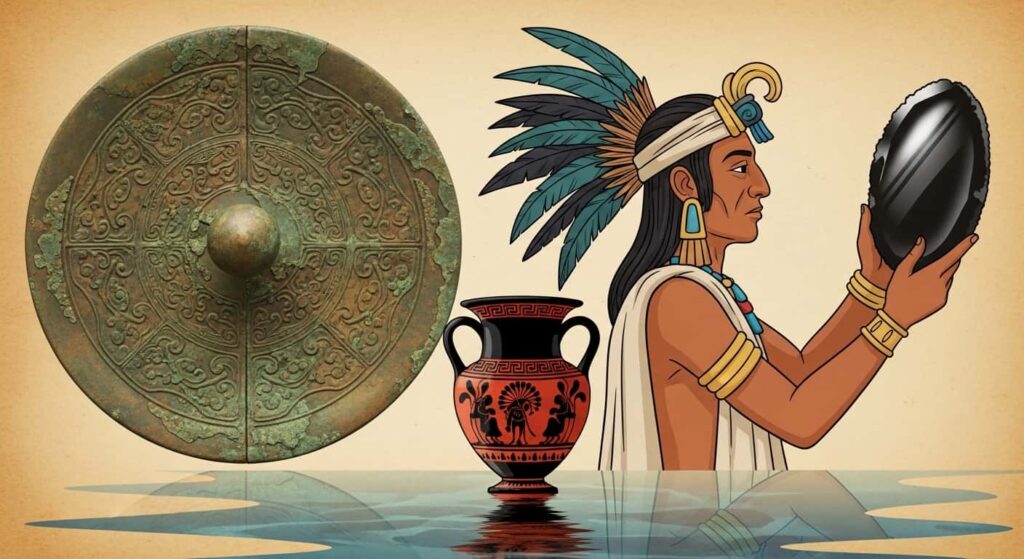 Ancient bronze mirror, obsidian mirror, and water scrying vessel shown together, historical spiritual mirror tools, 2D cartoon