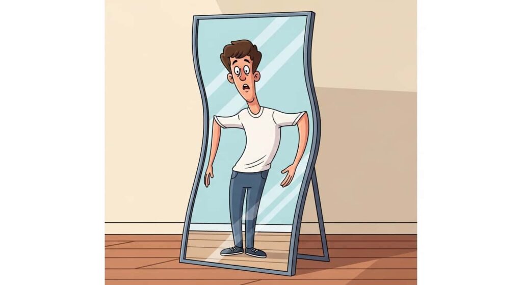 Cartoon of a warped wavy mirror distorting a person’s body shape and head