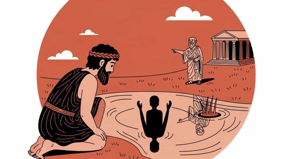 A 2D cartoon in a Greek pottery style depicting Narcissus looking at his reflection in water, symbolizing the spiritual danger of mistaking the ego for the true self.