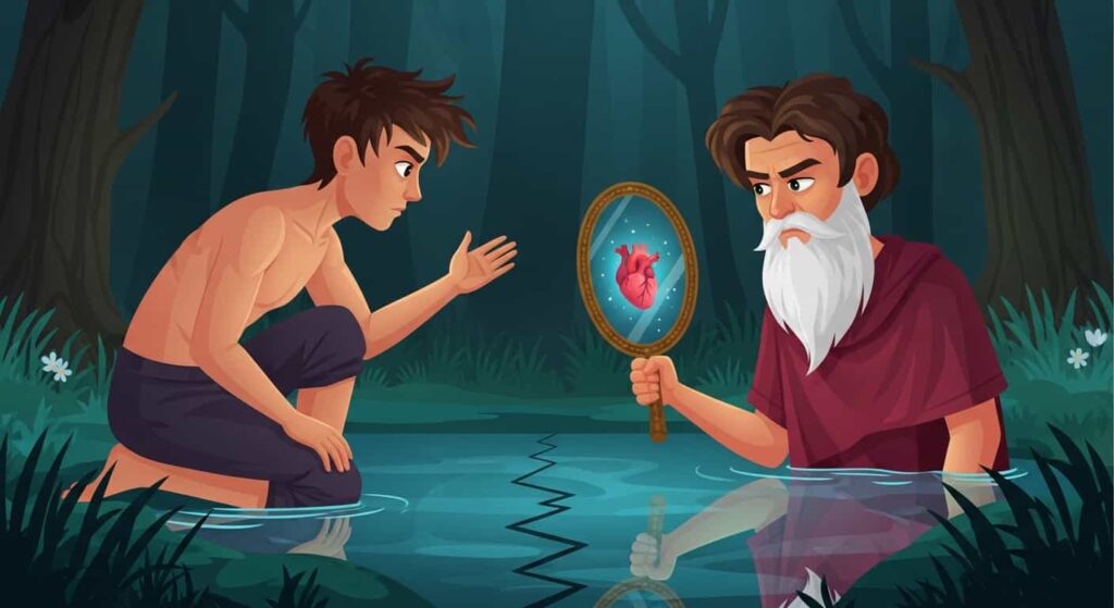 A cartoon of Narcissus looking into a forest pool. His reflection holds a mirror showing a glowing heart, symbolizing self-knowledge versus vanity.