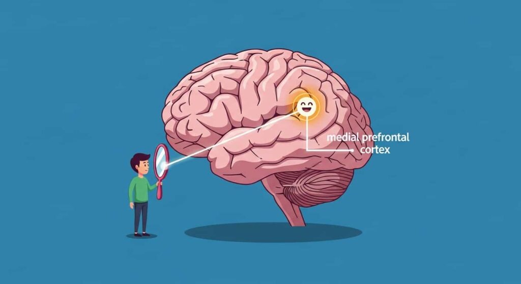 A cartoon brain illustration showing the medial prefrontal cortex lighting up while a person looks into a mirror, visualizing the neurological impact of self-eye contact.