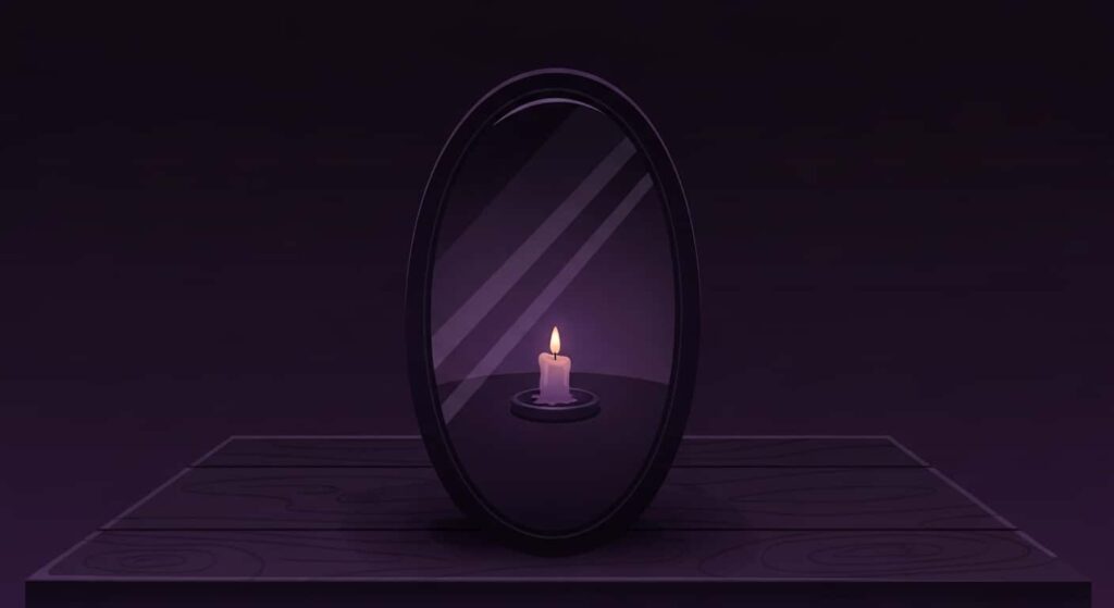 Black obsidian mirror with single candle reflection, used for scrying and shadow work, 2D cartoon