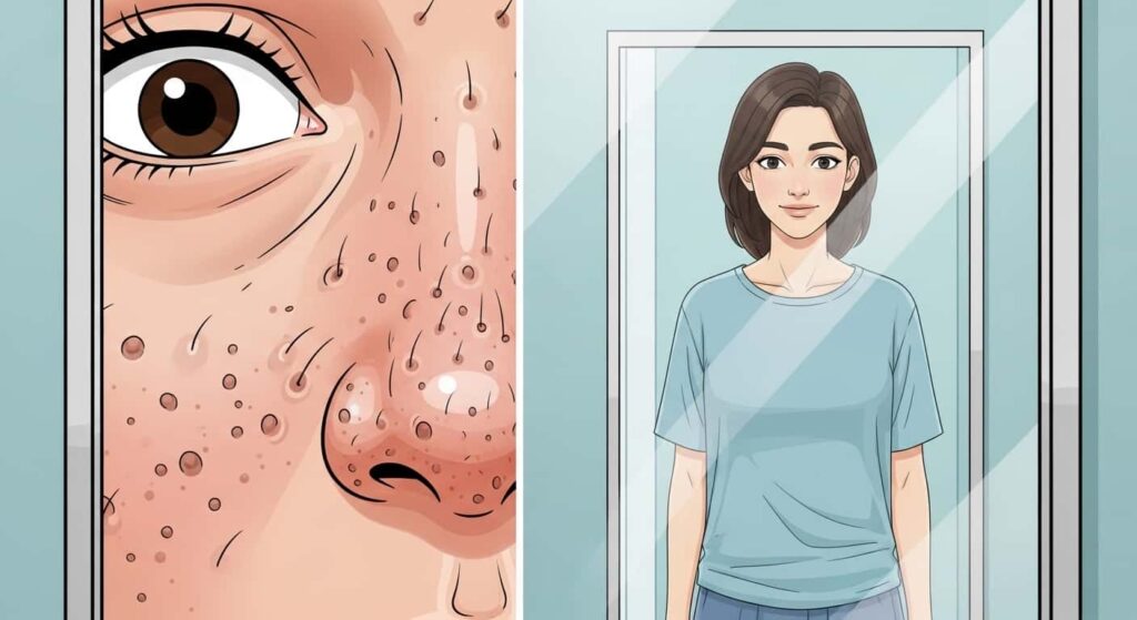 Cartoon comparison of close-up mirror view with enlarged nose and distant mirror view with normal proportions