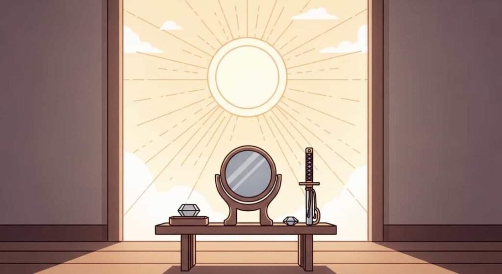 A 2D cartoon of a Shinto altar with the sacred Yata no Kagami mirror, representing wisdom and the divine presence in Japanese spirituality.