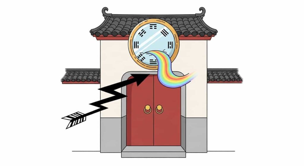 A convex Bagua mirror hanging over a Chinese courtyard gate, deflecting a jagged black arrow of negative energy and transforming it into a soft rainbow.