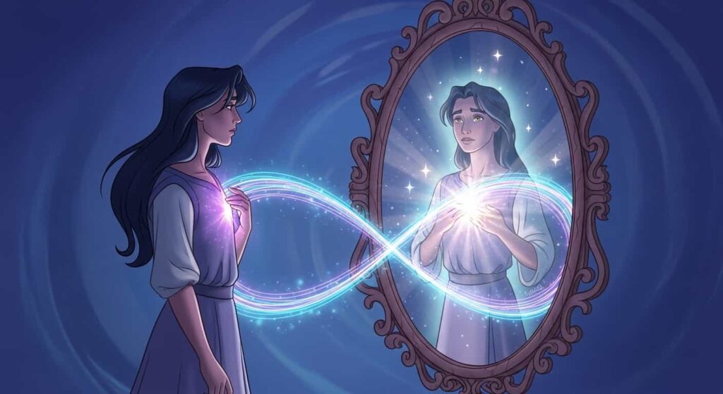 A spiritual cartoon illustration showing a person and their mystical reflection, with energy flowing between them representing the mirror acting as a witness to the soul.
