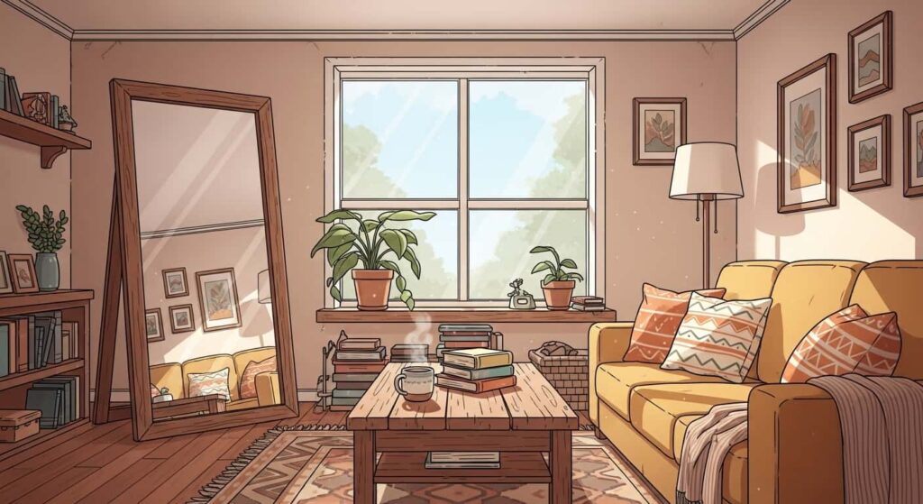 Mirror placed thoughtfully in living room with plant in front, intentional home mirror placement, 2D cartoon