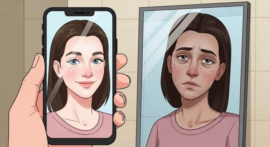 Cartoon of a person comparing a soft-lit flattering phone selfie to a harsher different-looking bathroom mirror reflection