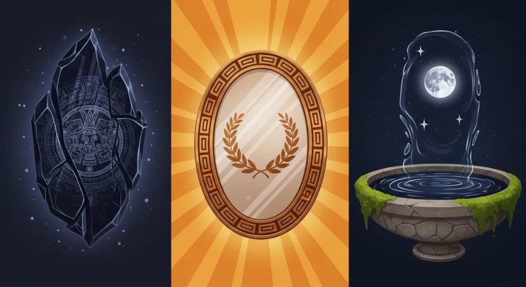 A 2D cartoon triptych showing an obsidian, bronze, and water mirror, each with unique auras to illustrate how different mirror materials hold distinct spiritual meanings.
