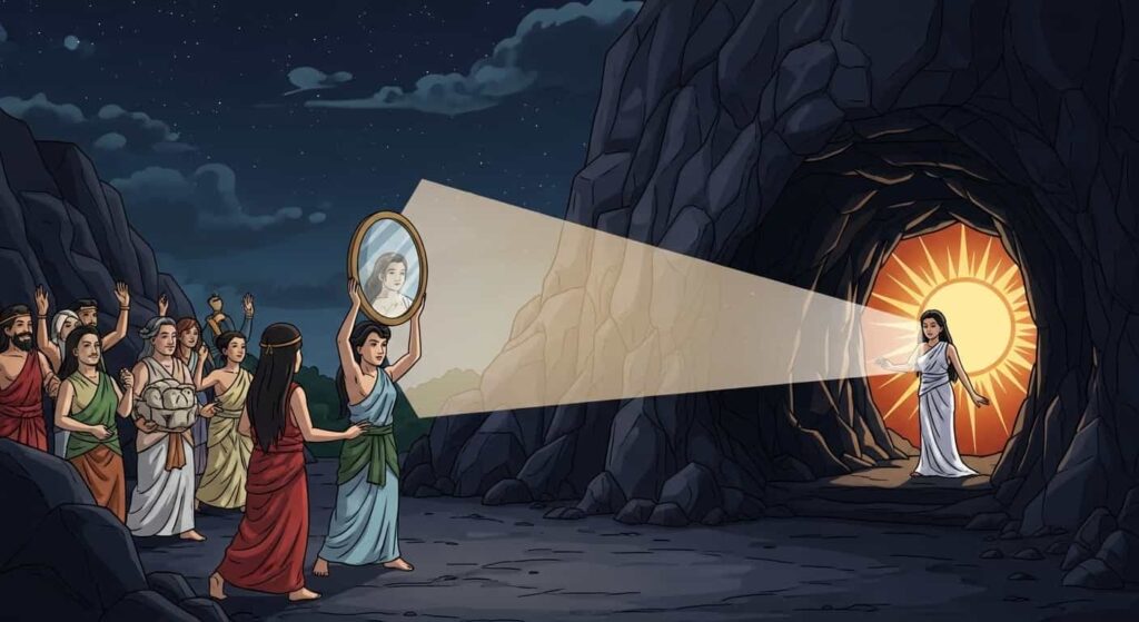 The sun goddess Amaterasu peeking out of a dark cave, drawn by the glowing Yata no Kagami mirror held by a deity outside.