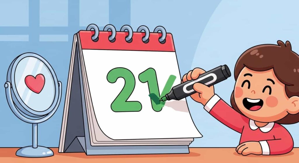 A cartoon calendar highlighting 21 days with a person making a checkmark, emphasizing the consistency needed for effective mirror affirmation practice.