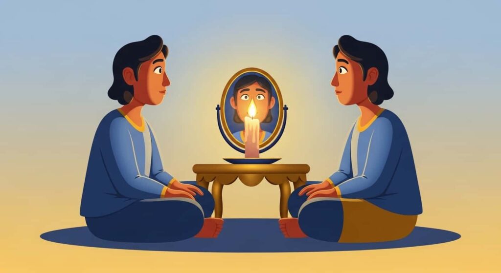 Person sitting in mirror meditation, calm gaze into small round mirror, candle behind, 2D cartoon