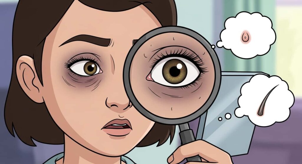 Cartoon of an exhausted person hyper-focusing on magnified tiny flaws in a mirror