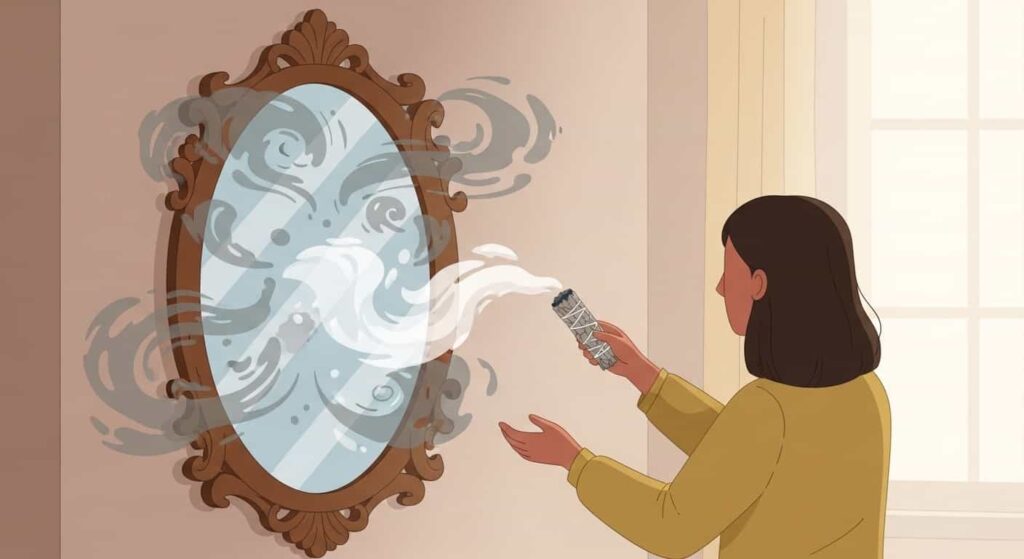 A 2D cartoon depicting a person cleansing an antique mirror with sage smoke, representing the spiritual practice of clearing stagnant or absorbed energy from reflective surfaces.