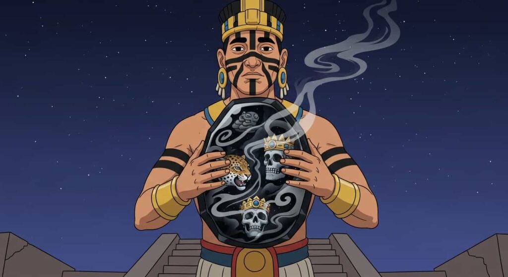 The Aztec god Tezcatlipoca holding a smoking obsidian mirror that shows swirling visions of a jaguar, a skull, and a crown.