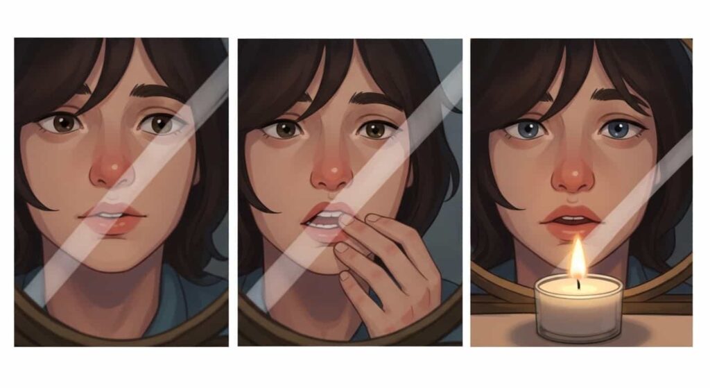 Three cartoon panels showing gentle techniques for mirror work: looking at a blurry reflection, focusing on the mouth, and using a candle flame for a calming focal point.