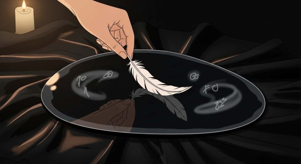 Hand with feather above obsidian mirror for scrying, faint swirls inside mirror surface, 2D cartoon
