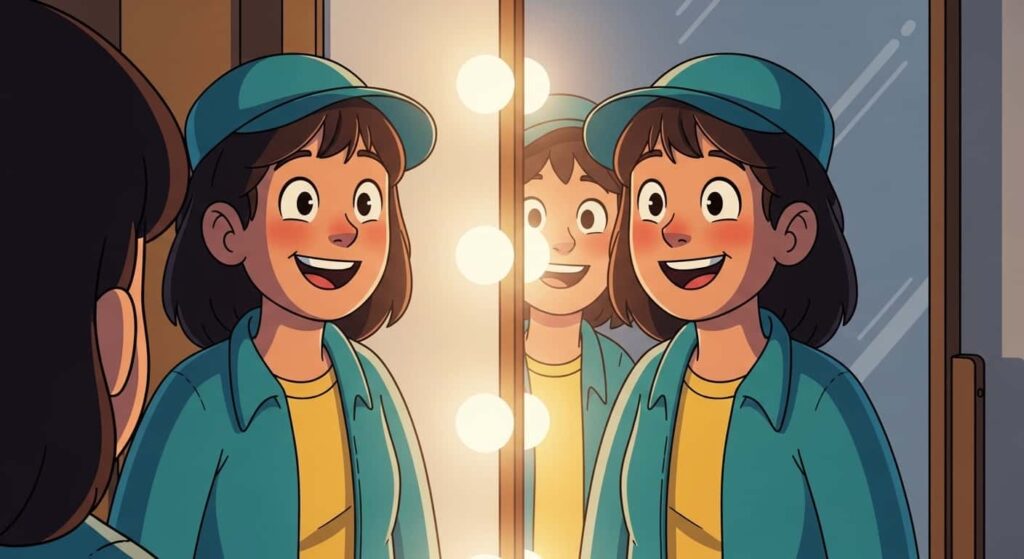 Cartoon of a person smiling at their reflection under soft front-facing even lighting