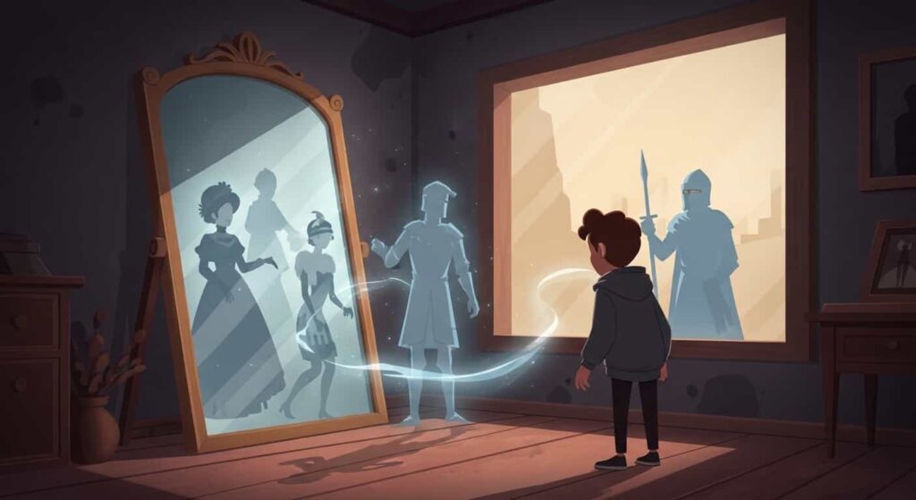 A 2D cartoon of an antique mirror in a dusty shop, showing faint historical figures in its reflection, illustrating the belief that old mirrors carry energetic memories from the past.