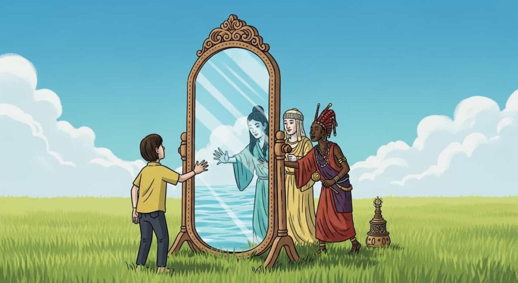 A mirror acting as a threshold between worlds. A human reaches toward the glass while a Shinto spirit, a Greek oracle, and an African shaman reach back from the other side.