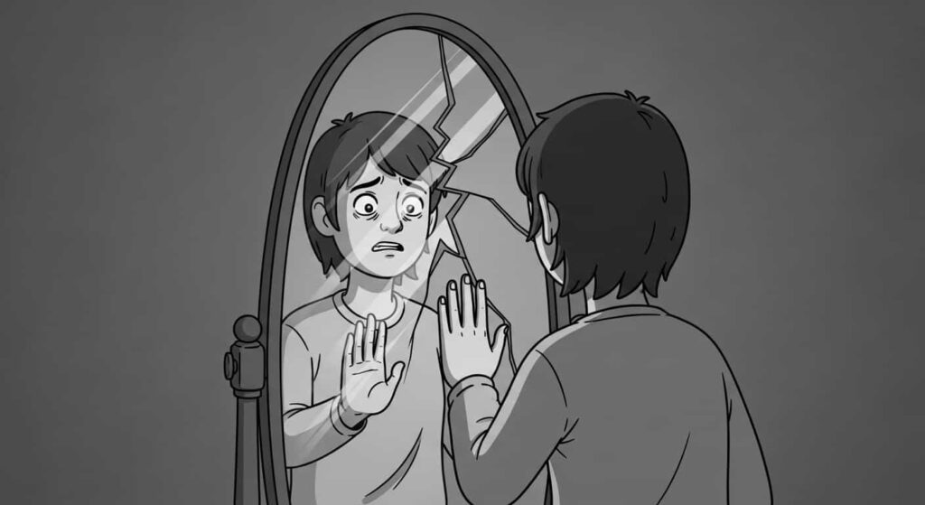 A serious cartoon showing a distressed person facing a cracked mirror, illustrating scenarios where mirror work may be harmful without professional support.
