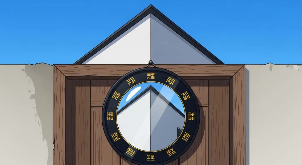 Convex bagua mirror hung outside door reflecting sharp building corner away, protection mirror tool, 2D cartoon