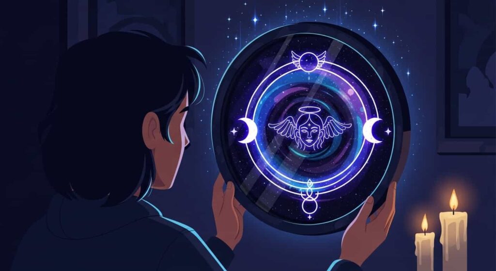 A 2D cartoon of a person scrying with a black obsidian mirror, which displays cosmic symbols and a spirit guide, depicting the practice of divination.